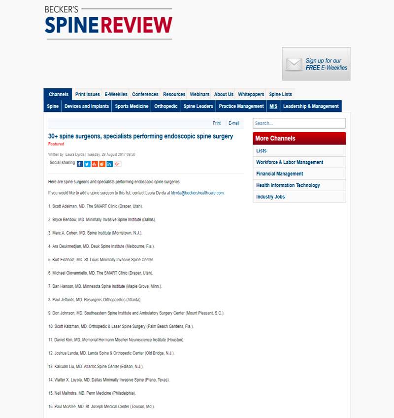  Becker's spine review lists endoscopic spine surgery specialists in the United States